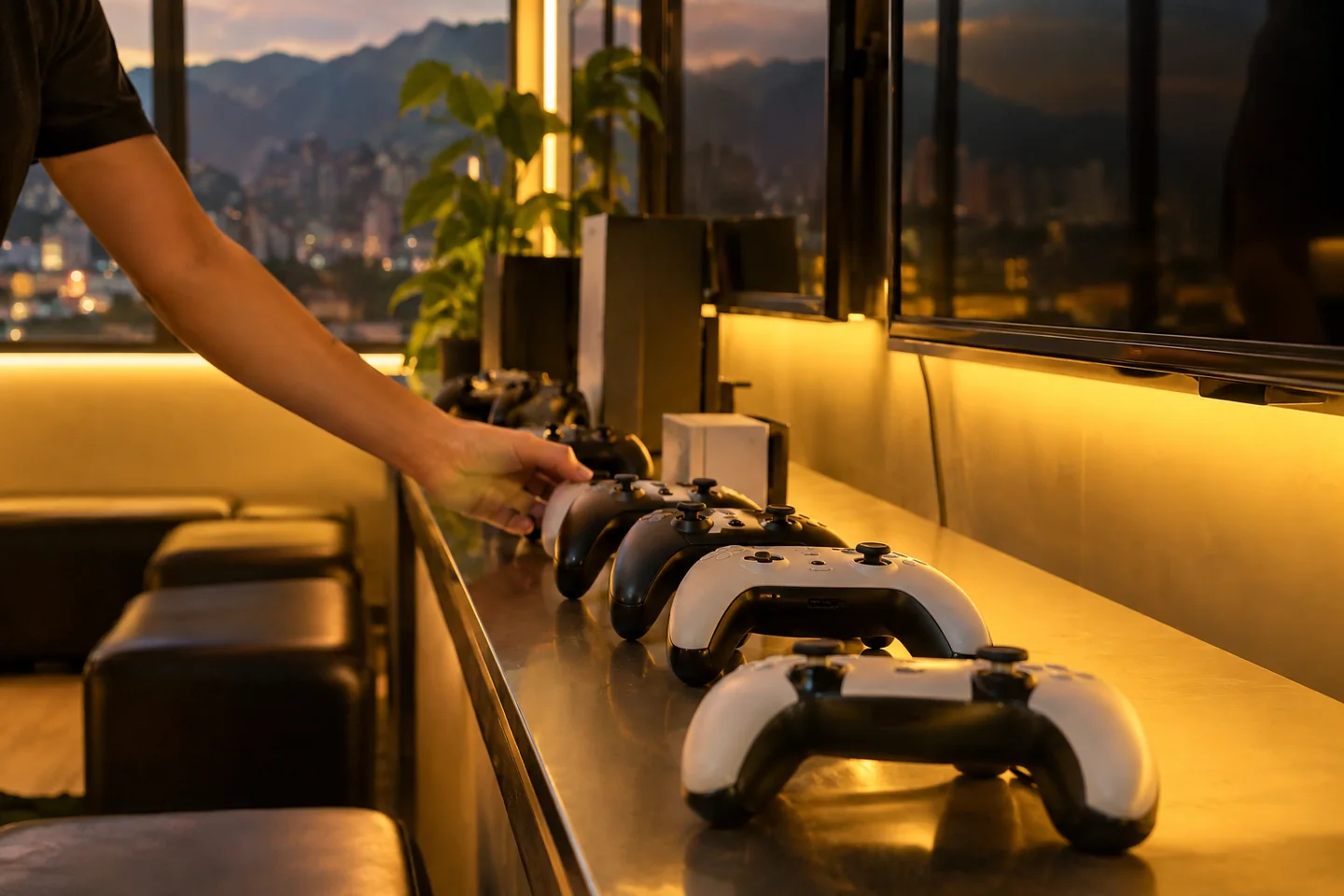 Controles preparados en una sala de consolas de Medellín